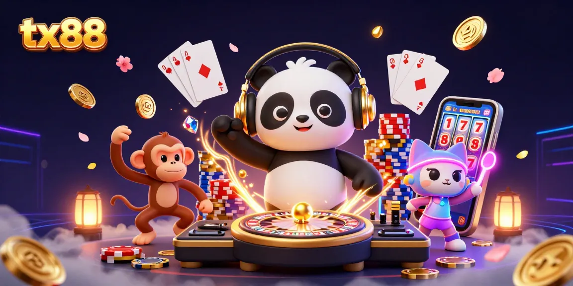 Catch the excitement with tx88's vibrant 3D cartoon scene filled with casino-themed action and characters.