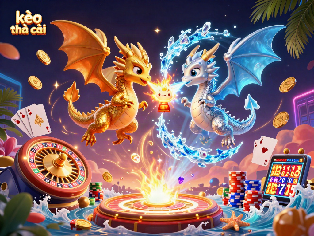 Kèo nhà cái showcases a dynamic 3D illustration of gold and silver dragons with casino elements, capturing thrilling gameplay.