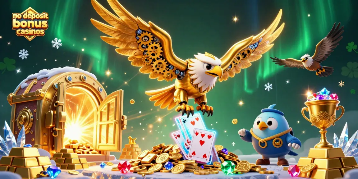 No deposit bonus casinos illustrated with golden eagle and holographic cards in a dynamic casino scene.