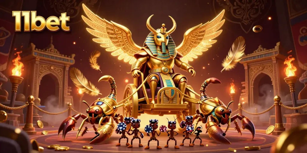 Experience thrilling casino action with 11bet's golden scarab beetle and a dynamic gaming scene.