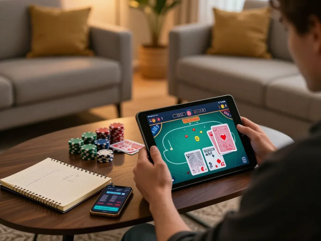 Engaging online poker moment with RR88 user analyzing game strategies on a tablet.