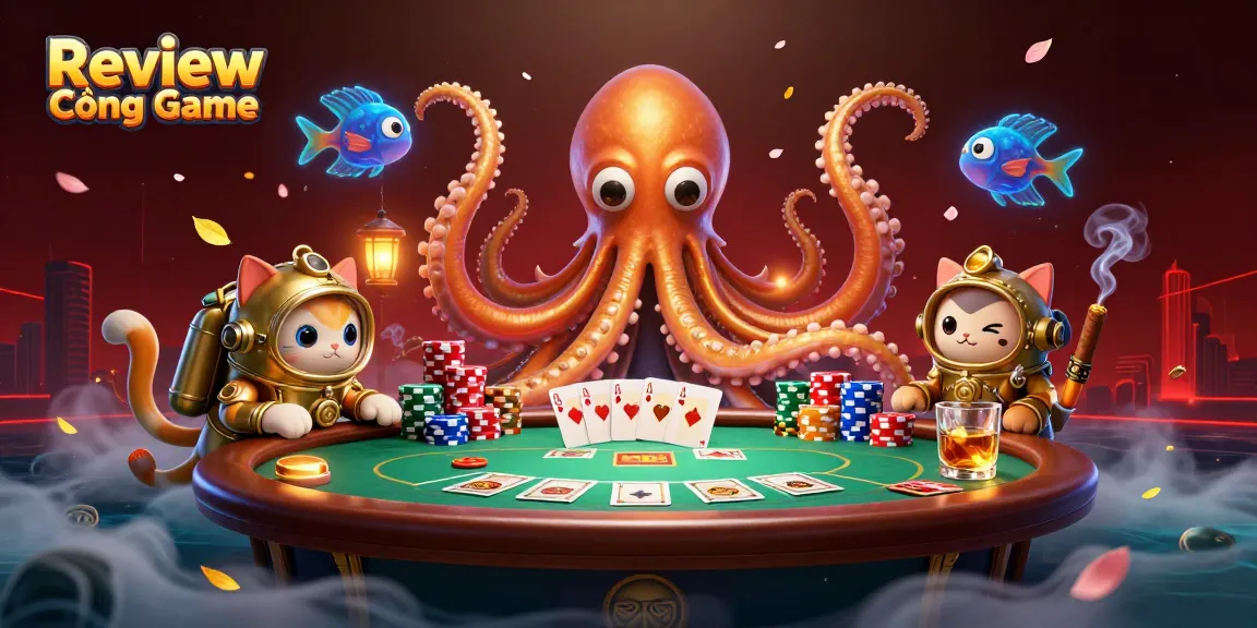 Engage with the thrilling scene of Review Cổng Game featuring a colossal kraken and poker elements.
