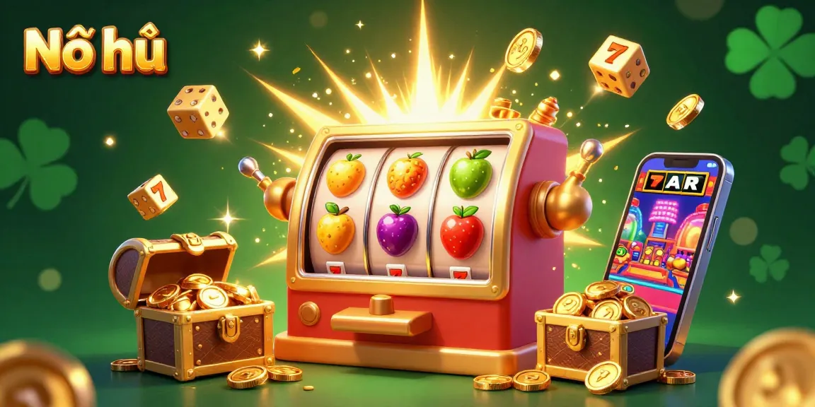 Nổ hũ jackpot explosion with vibrant slot symbols, golden coins, and a dynamic casino atmosphere.